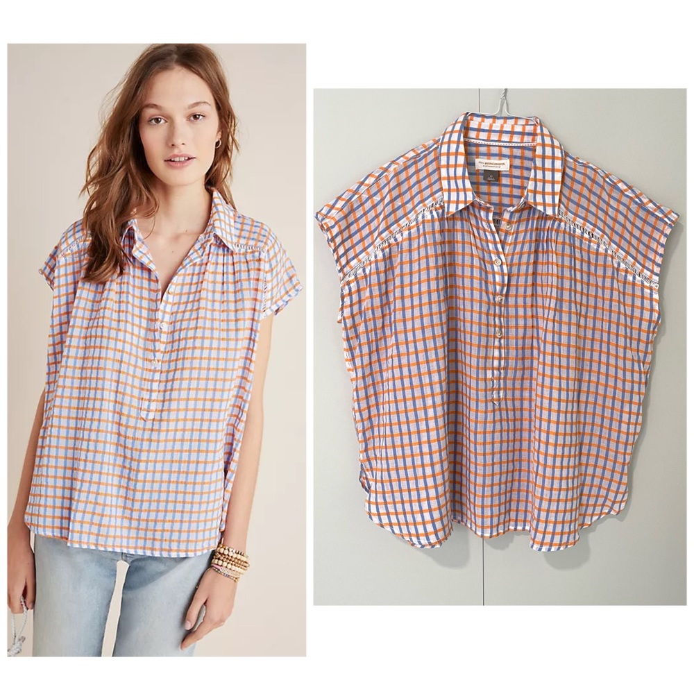 Anthropologie White and Orange Checked Cap-Sleeve Blouse